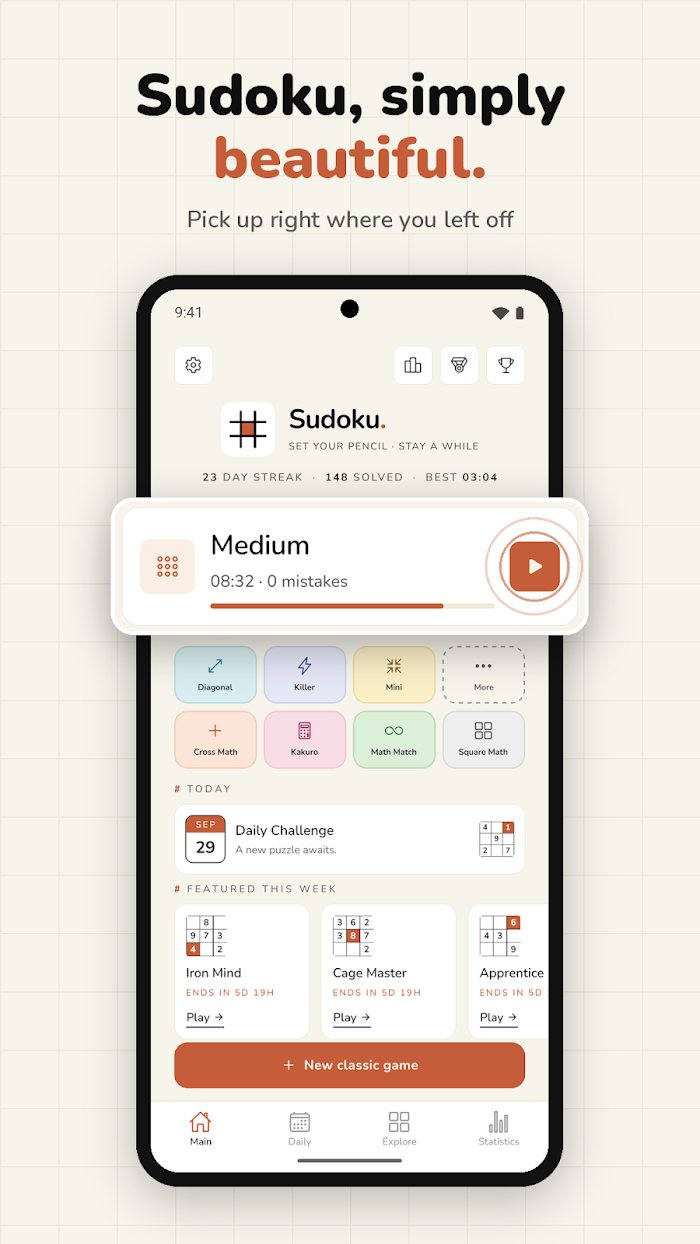Sudoku Nova's home screen